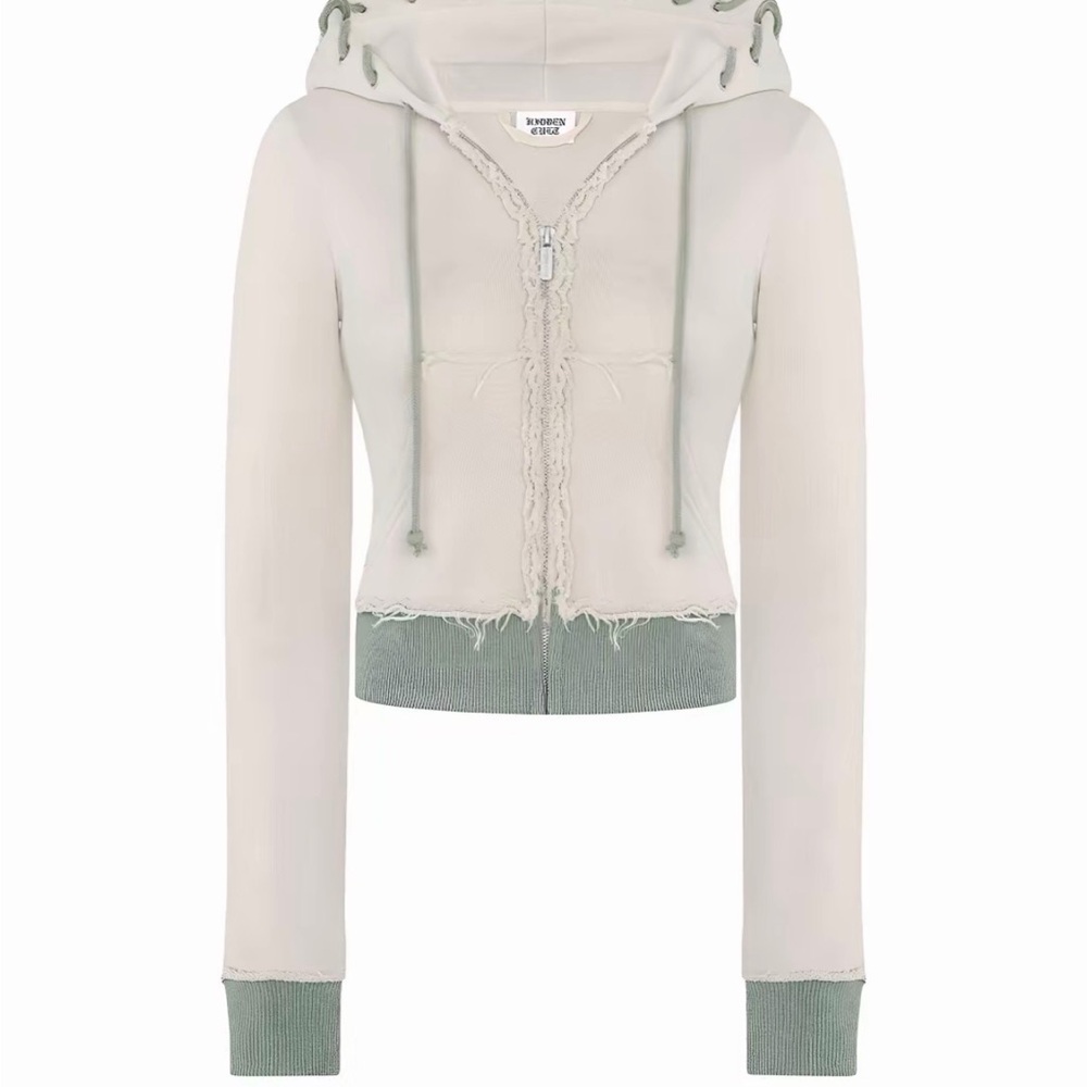 Washed Light Gray Cropped Zip Hoodie with Sage Trim
